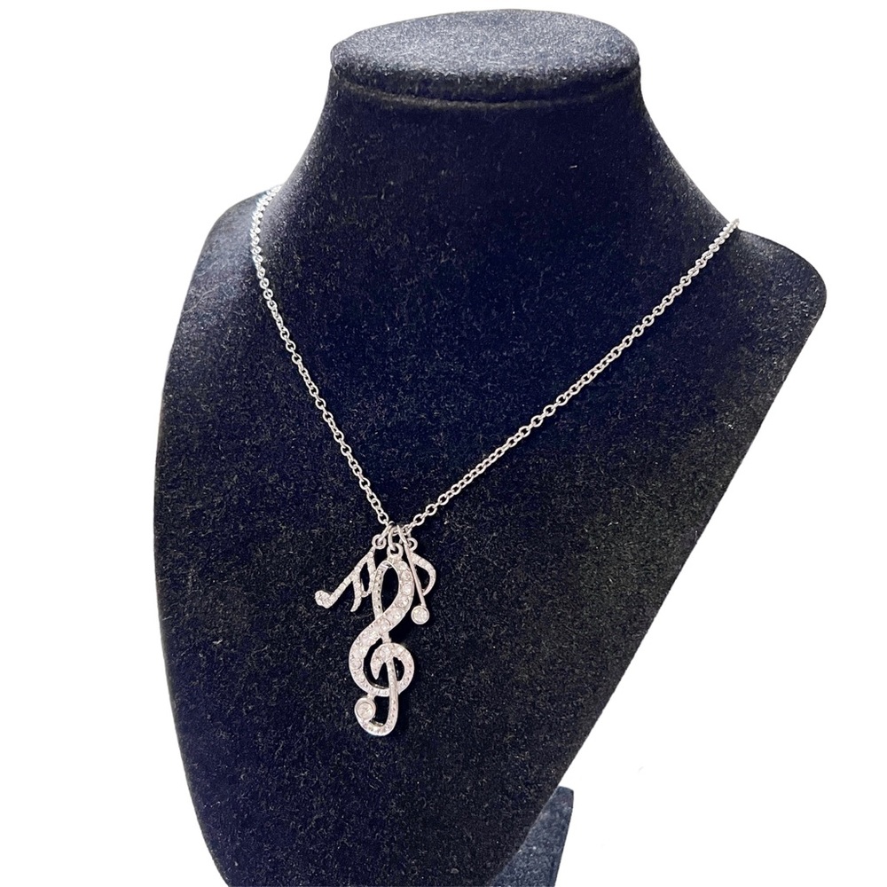 Music Lovers Necklace Staff and Notes Silvertone Necklace with Chrystal